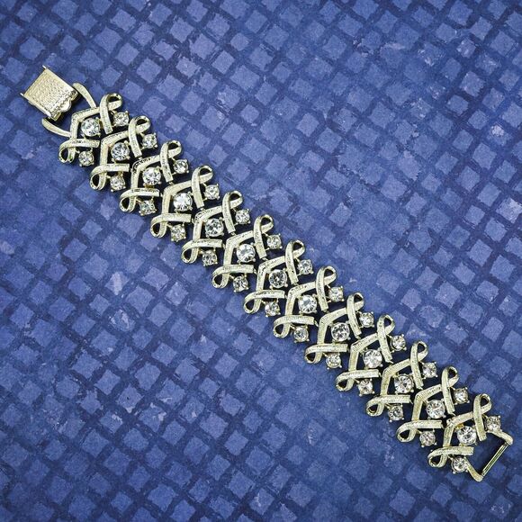 Vintage Coro Statement Linked Bracelet Washed Goldtone Rhinestones Bridal Glam - Picture 2 of 7